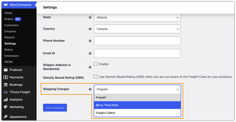 select shipping chtrages payer