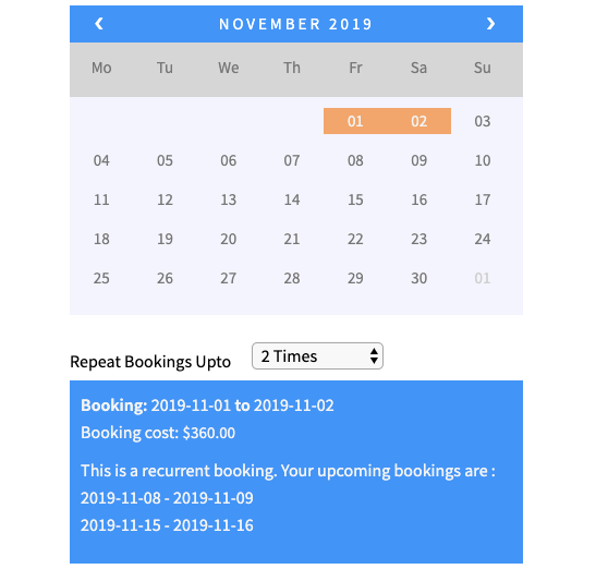 recurring booking on product page