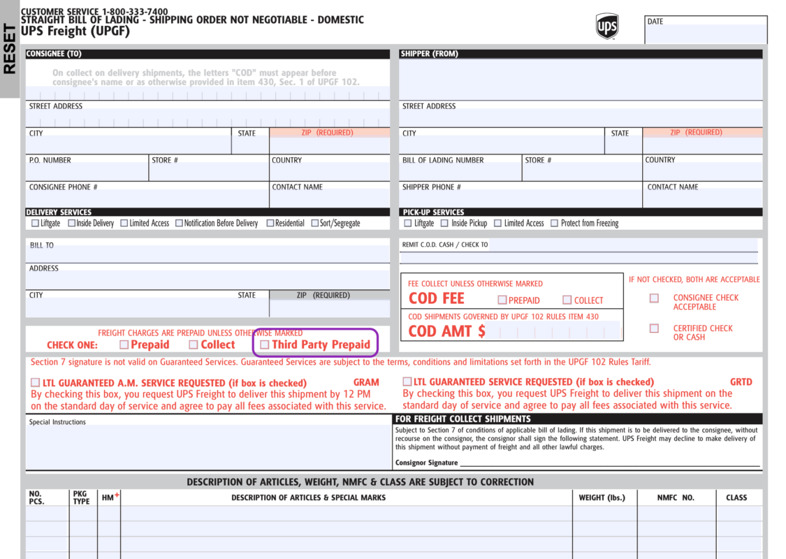 sample bill of lading