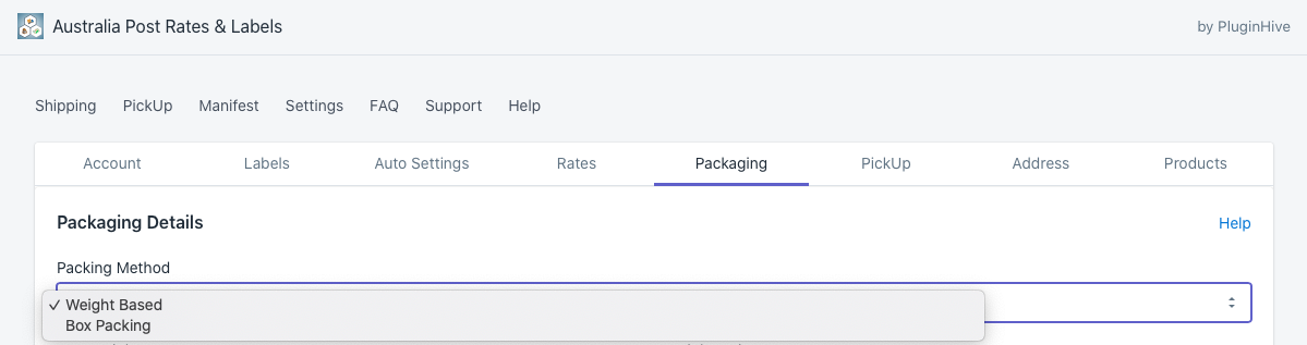 Shopify Australia Post app Packing methods