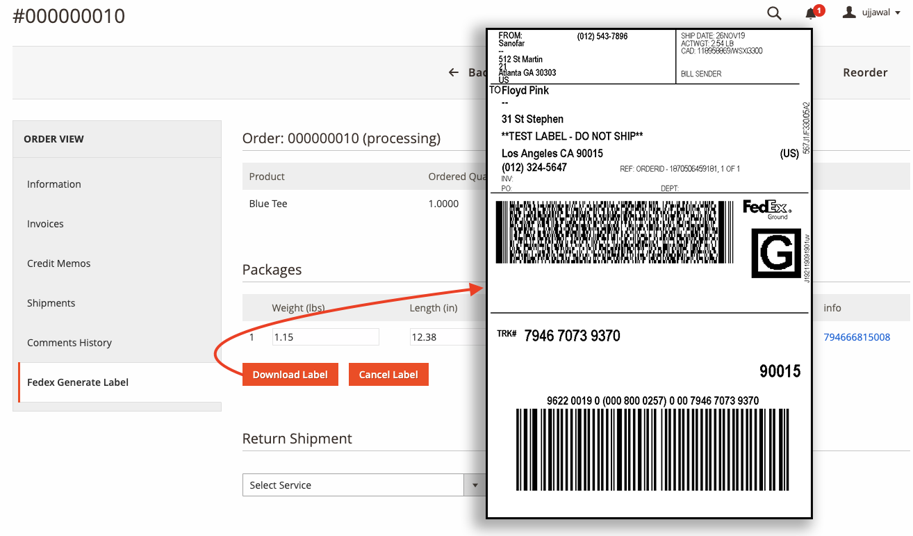 Magento FedEx shipping labels generated from magento orders page