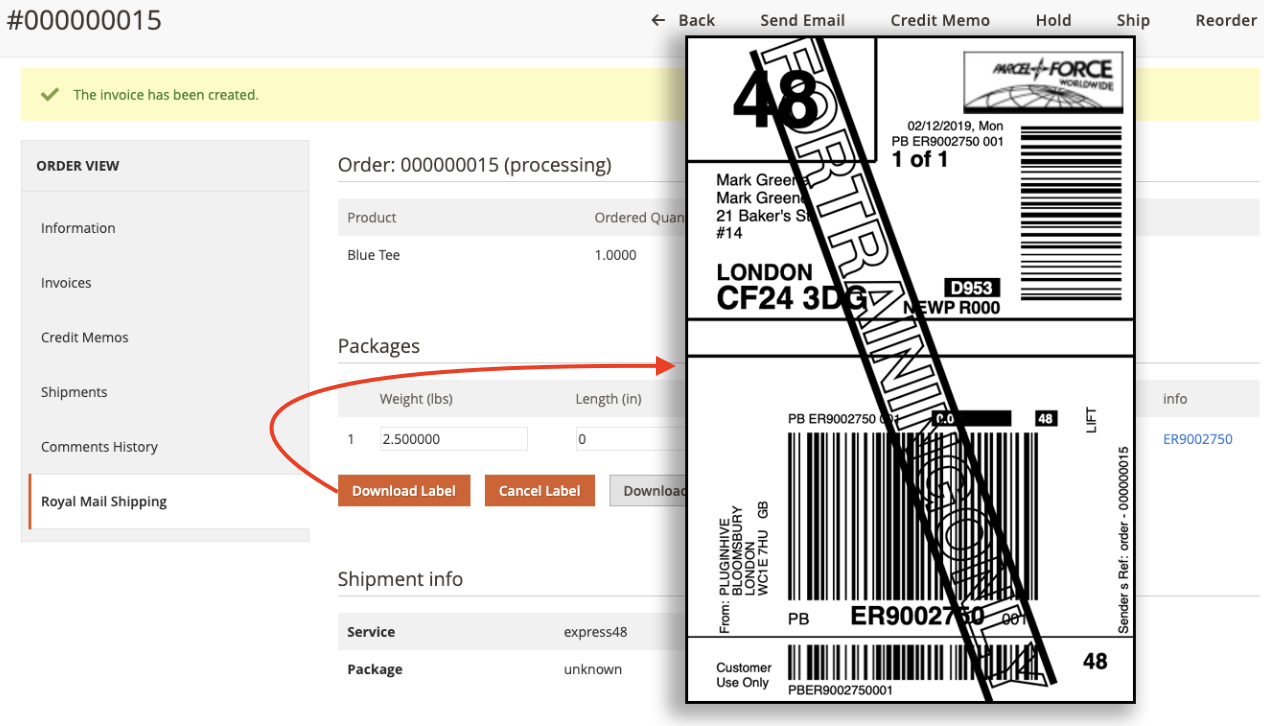 Magento Parcelforce Worldwide labels generated from magento orders page