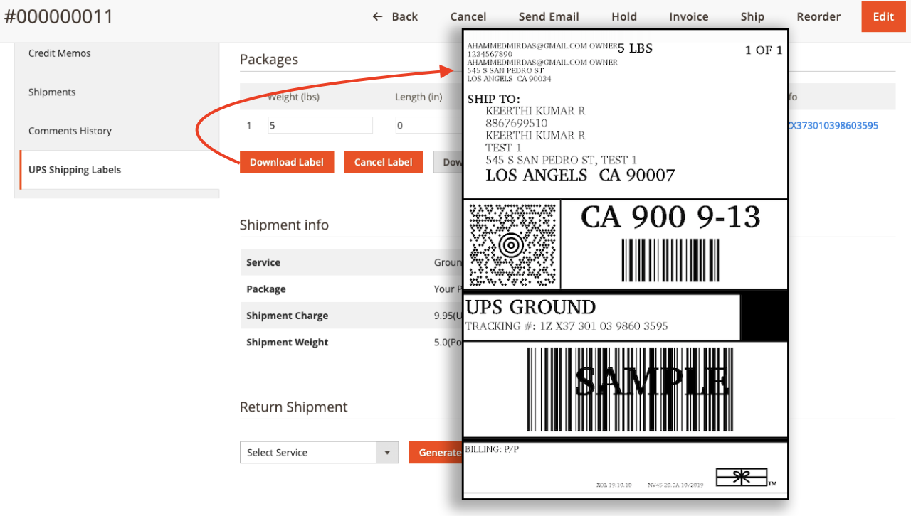 Magento UPS shipping labels generated from magento orders page