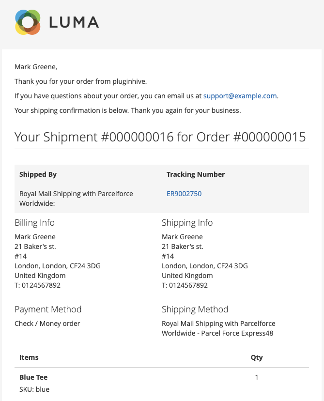 Parcelforce worldwide tracking details sent to the customers via email
