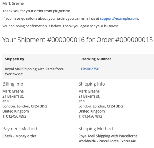 parcelforce worldwide tracking details sent to the customers via email