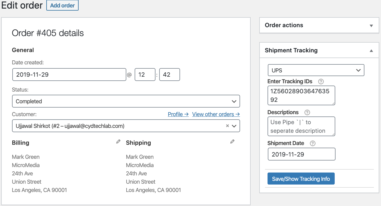 save shipment tracking details on orders page
