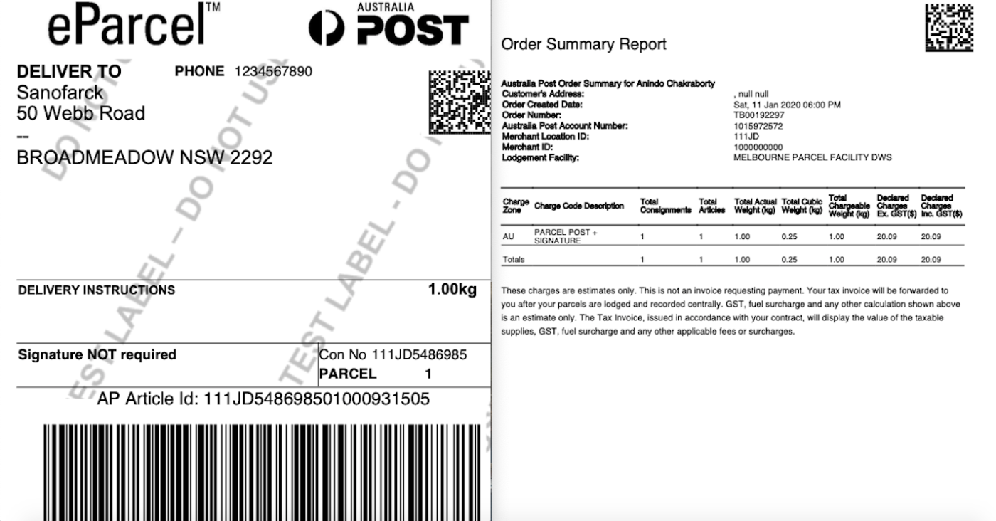 australia post shipping label with manifest