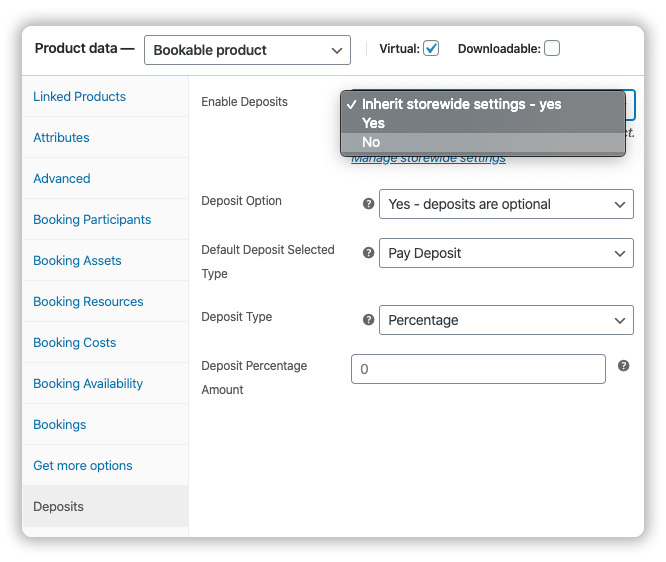 Include or exclude woocommerce products from deposit payments