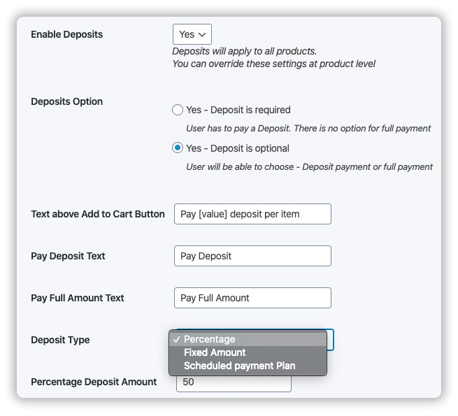 provide percentage or fixed deposit payment option