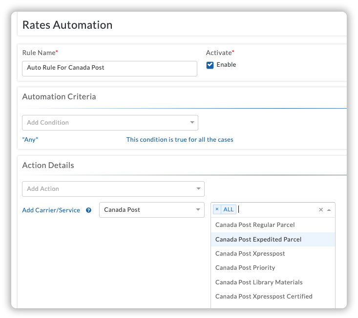 Canada Post Rates Automation Settings