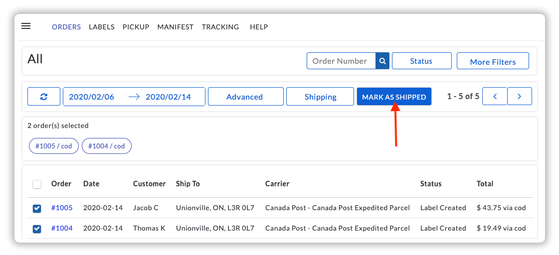 Generate Manifest and Mark the Order as Shipped