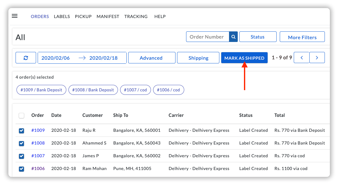 Mark the Delhivery Orders as Shipped