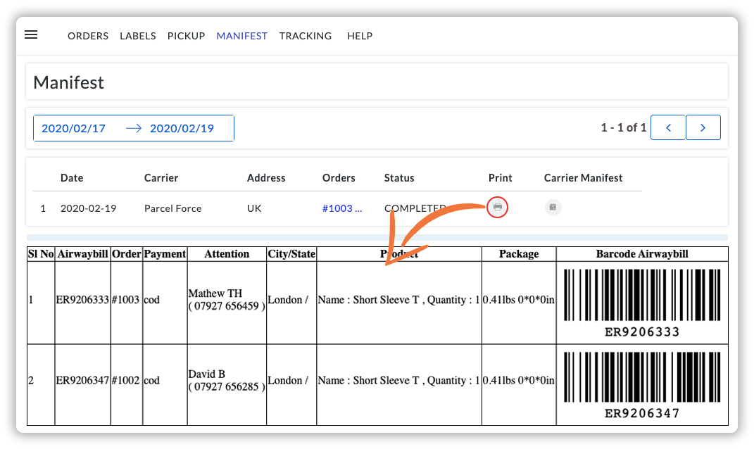 Print Parcelforce Manifest