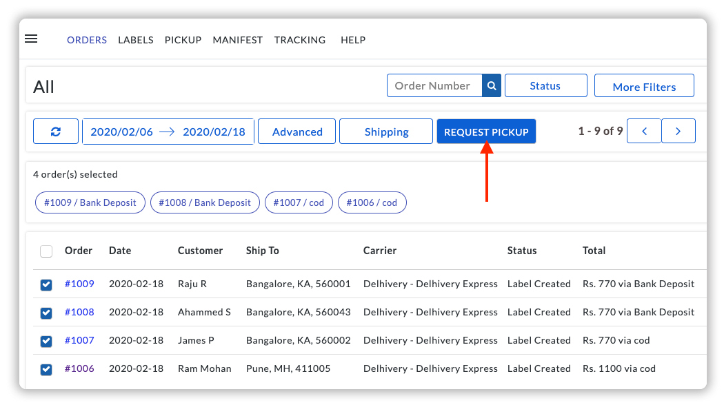 Request Pickup for Delhivery Orders