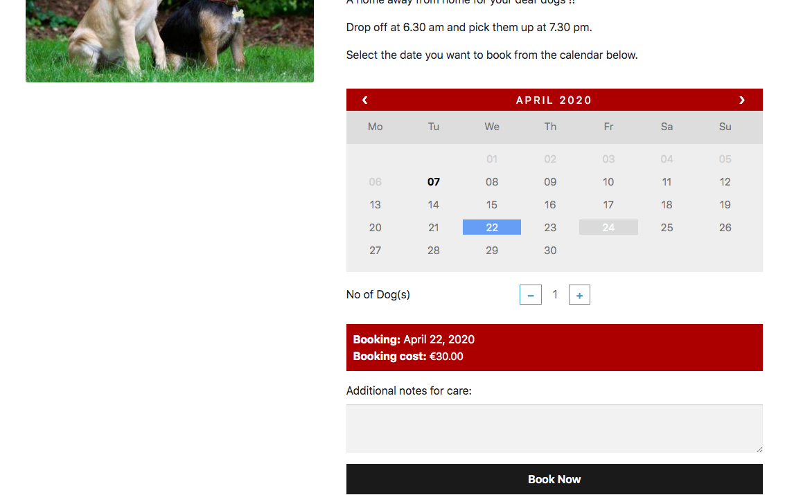 Select booking dates on woocommerce shop page