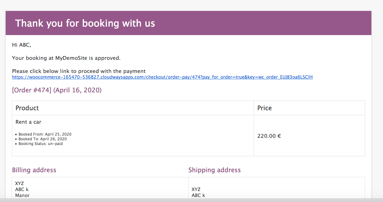woocommerce bookings payment link in the email