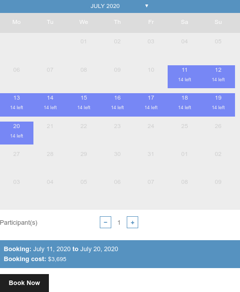 booking calendar with pre-selected dates