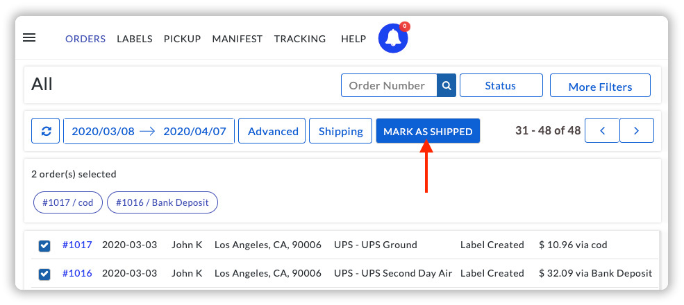 Mark the UPS orders as shipped