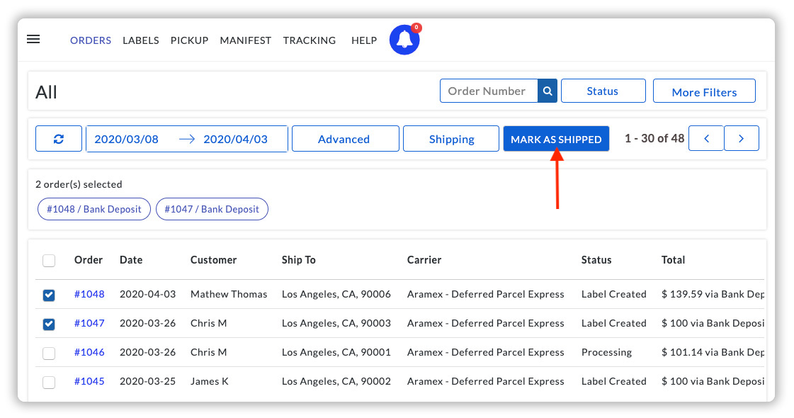 Mark the Aramex orders as Shipped