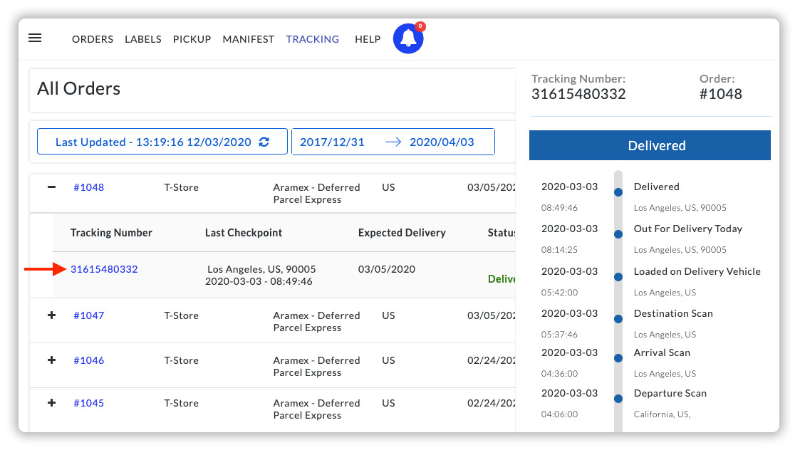 Shopify Aramex tracking dashboard