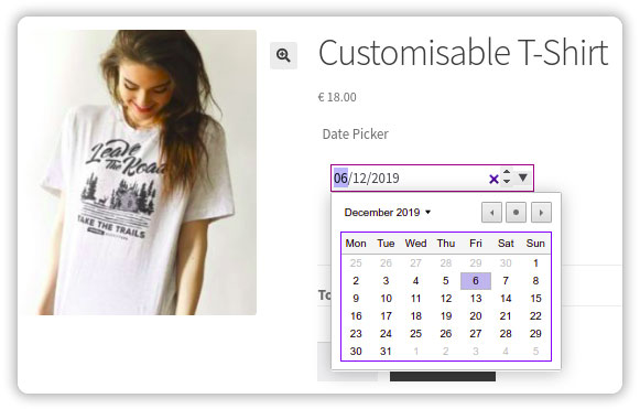 Date field displayed on the product page