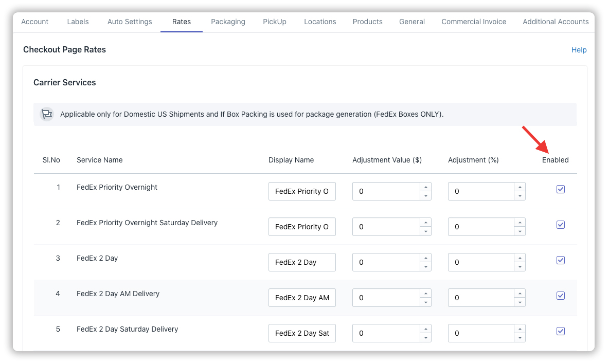 Enable the FedEx services under the App rates settings