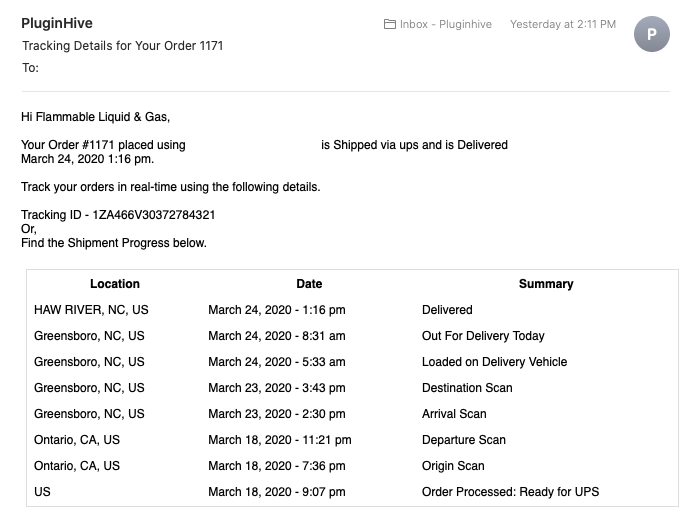 live tracking status email for delivered