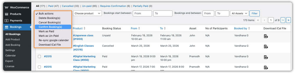 bookings bulk action
