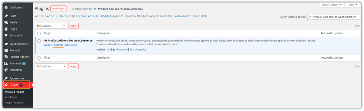 product addon plugin settings