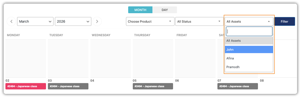 filter bookings by assets