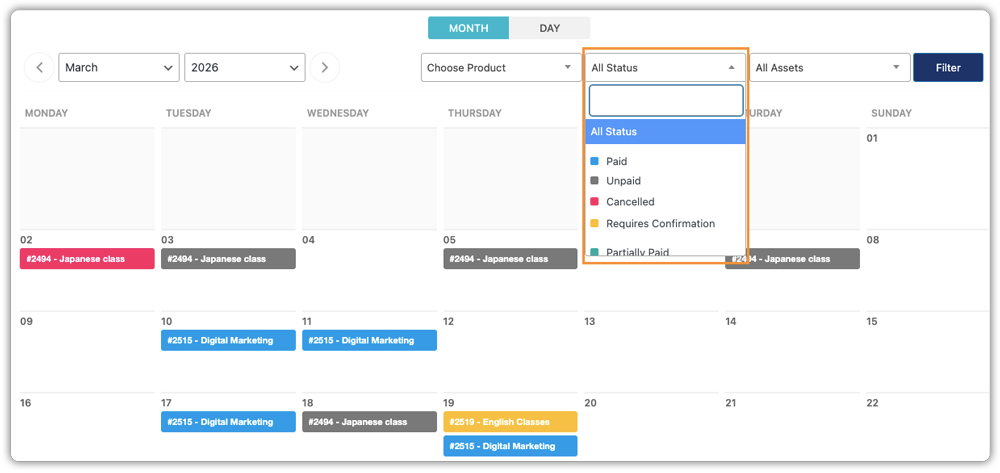 filter admin calendar view by status
