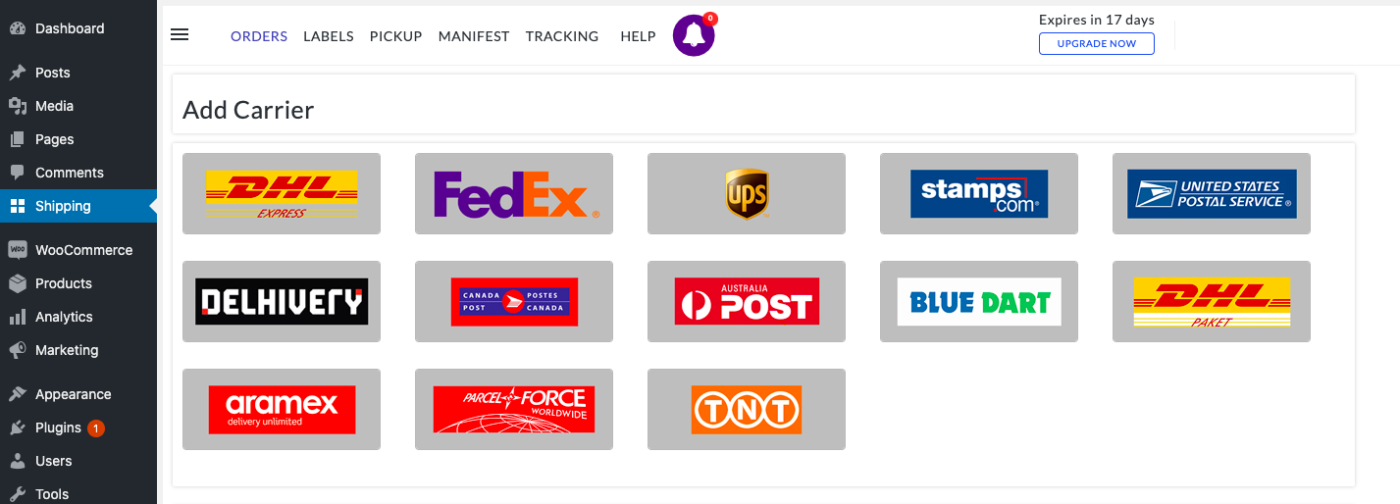 select from the built in shipping carriers
