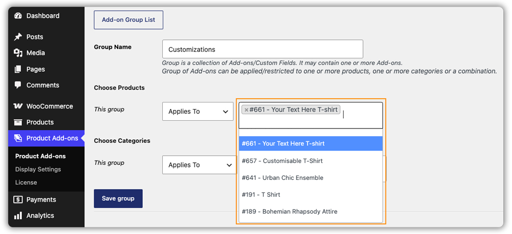 select products dropdown