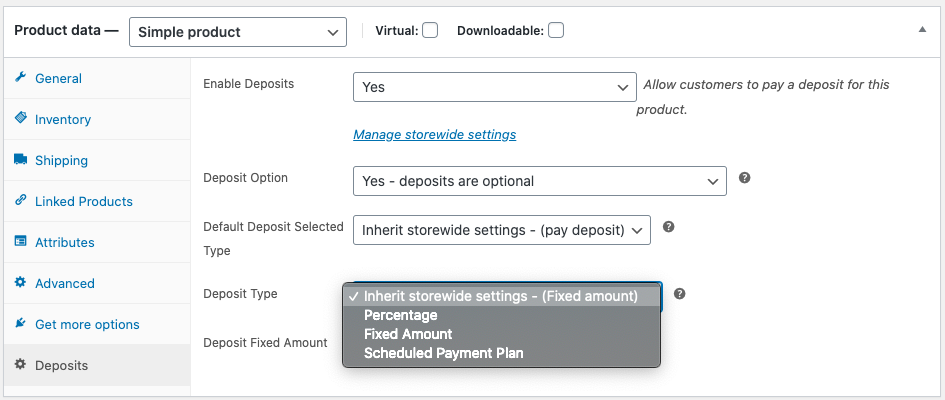 Deposit Type option settings 