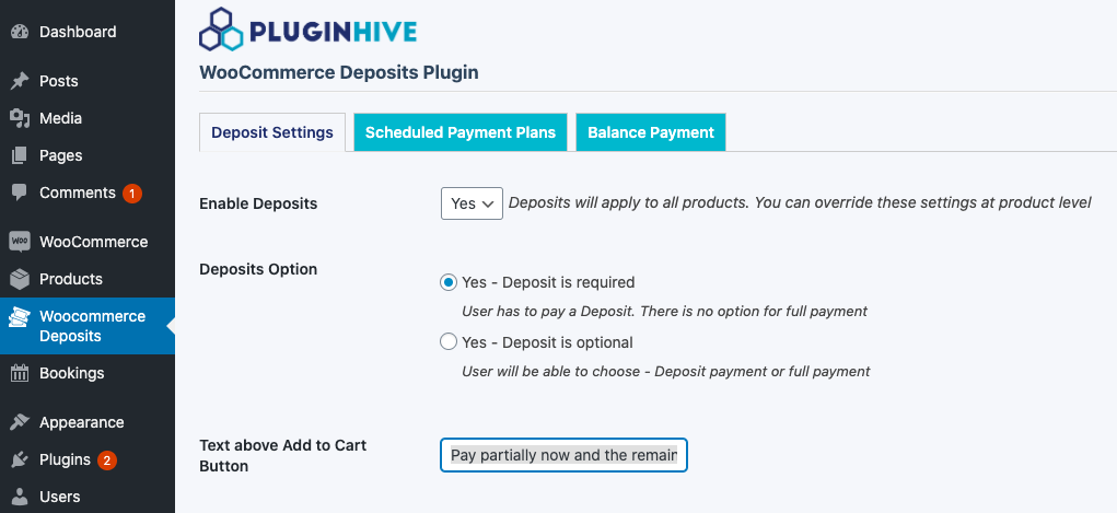 woocommerce deposits plugin settings 