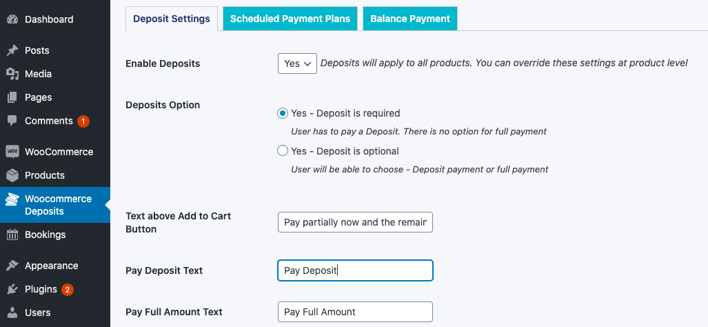 Deposit Payment and Full Payment buttons