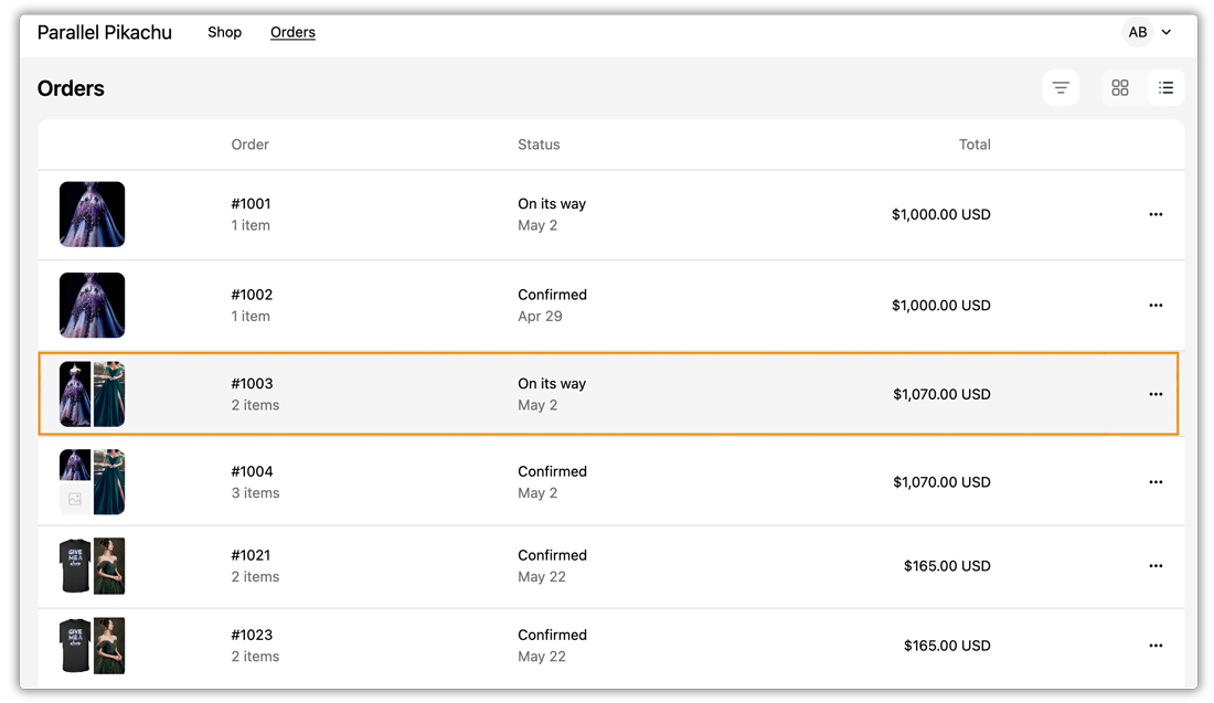 storefront orders page