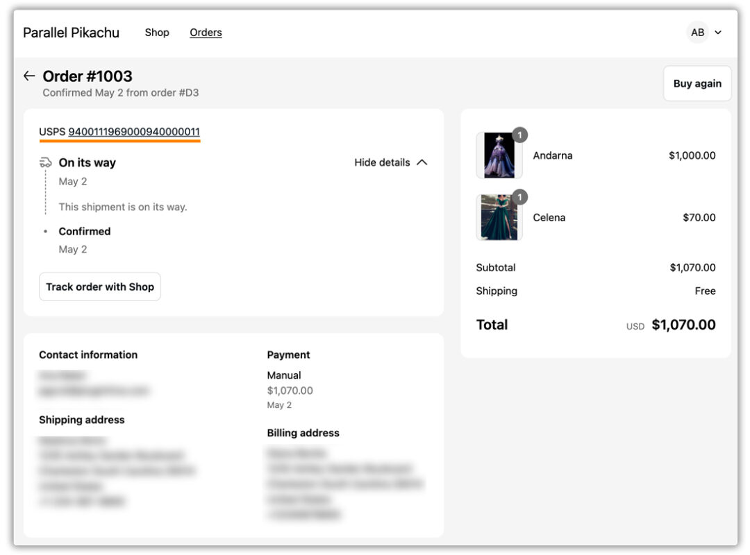 storefront orders tracking