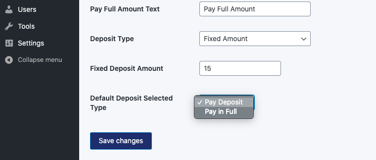 default deposit selected type