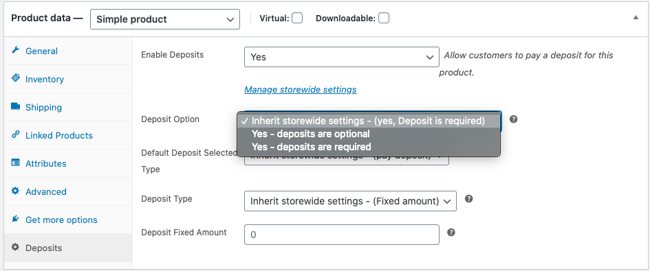 Deposit Option settings