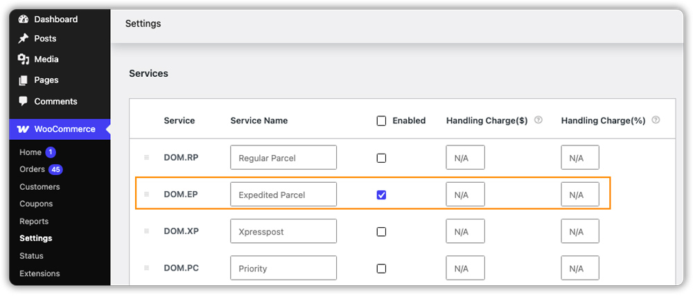 expedited parcel service settings