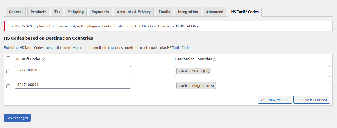 hs tariff codes at global level