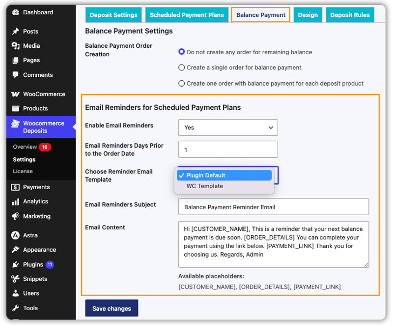 balance payment email reminder settings