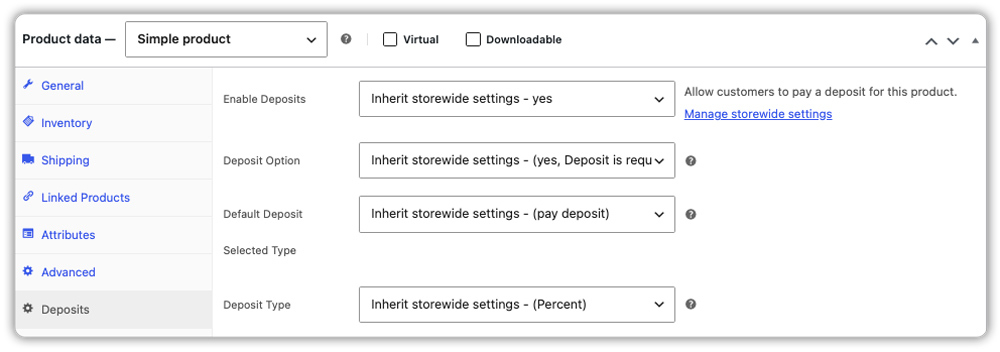 woocommerce deposits product level