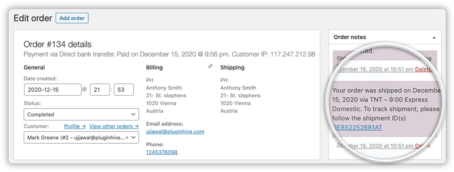TNT tracking details in WooCommerce orders page