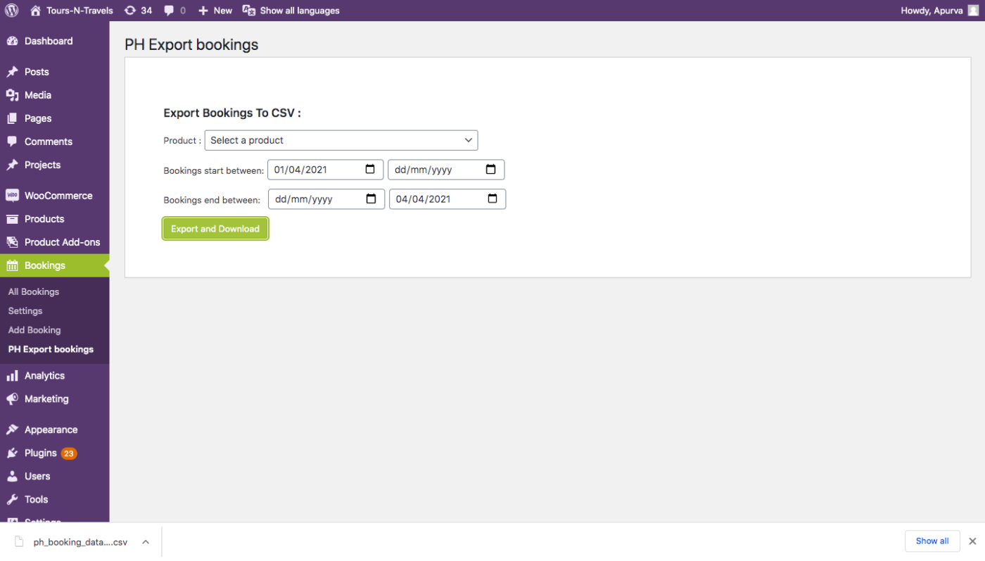 Steps to Export Bookings