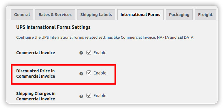 UPS International Forms Settings