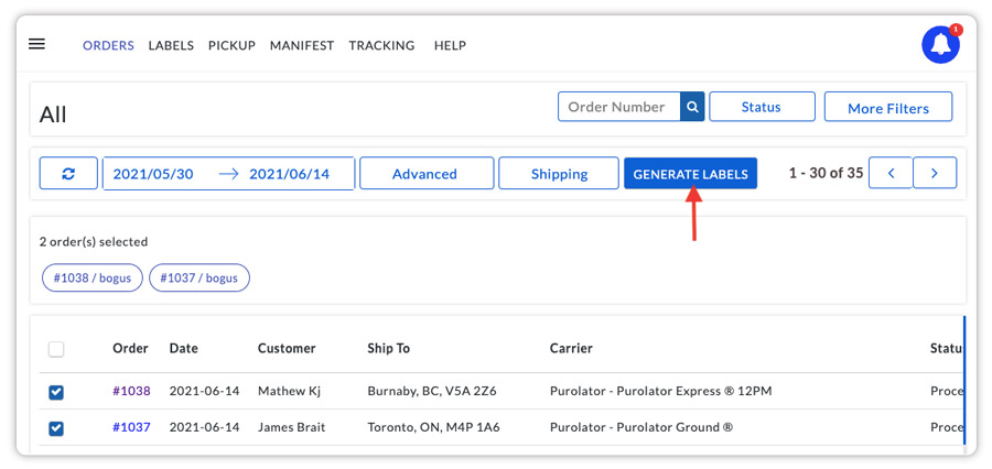 Generate Purolator Shipping Label