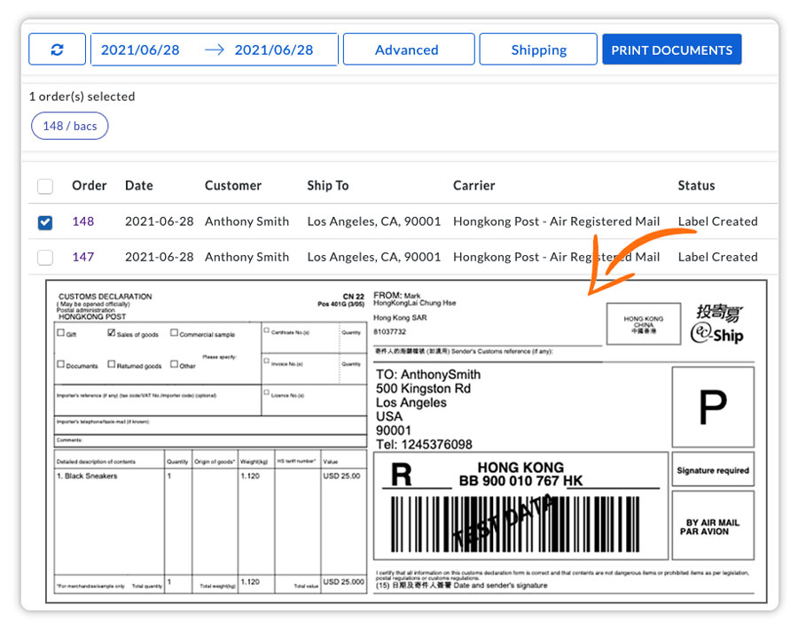 print hongkong shipping labels