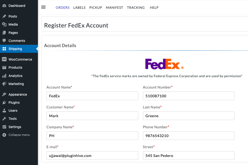Add FedEx account details